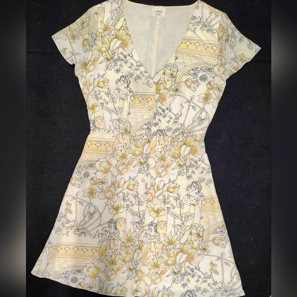WILFRED BATHING LADIES, FLORAL, BIRDS ART DECO NOUVEAU PRINT V-NECK DRESS Size 4
